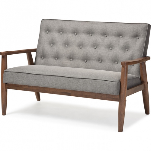 Sorrento Loveseat in Tufted Gray Fabric & Walnut